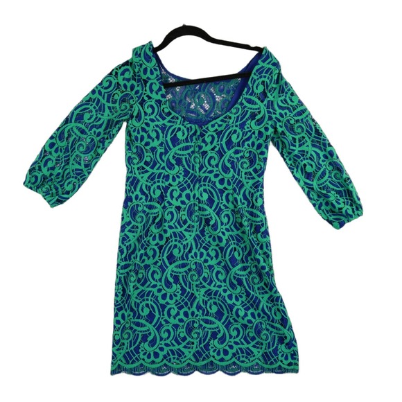 Lilly Pulitzer Women's Size 6 Green Blue Floral Lace Sheath Dress 3/4 Sleeve - Picture 3 of 8